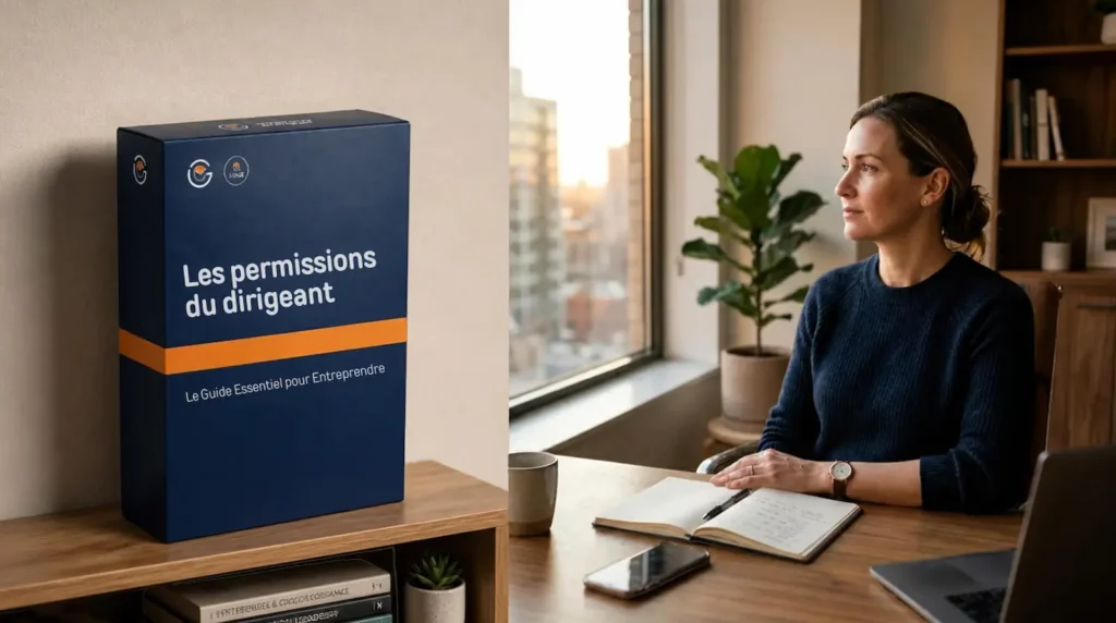 Coffret du guide gratuit Les permissions du dirigeant, à côté d'une dirigeante assise à son bureau, devant un carnet ouvert
