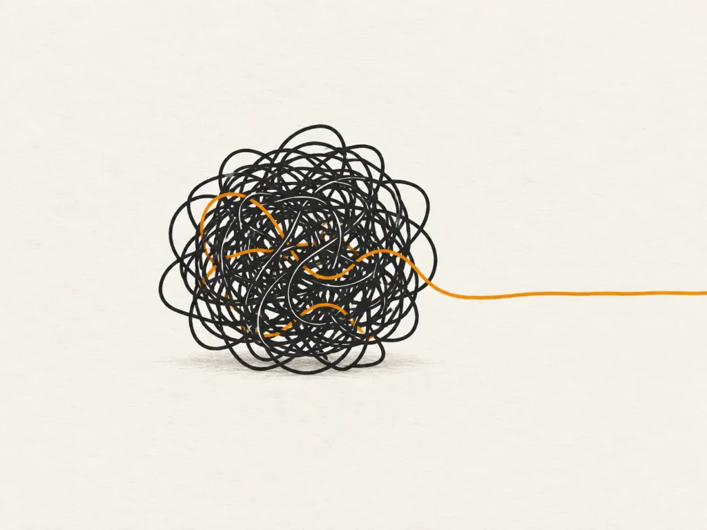 Illustration : un fil orange se dénoue d'une pelote emmêlée et file vers l'horizon