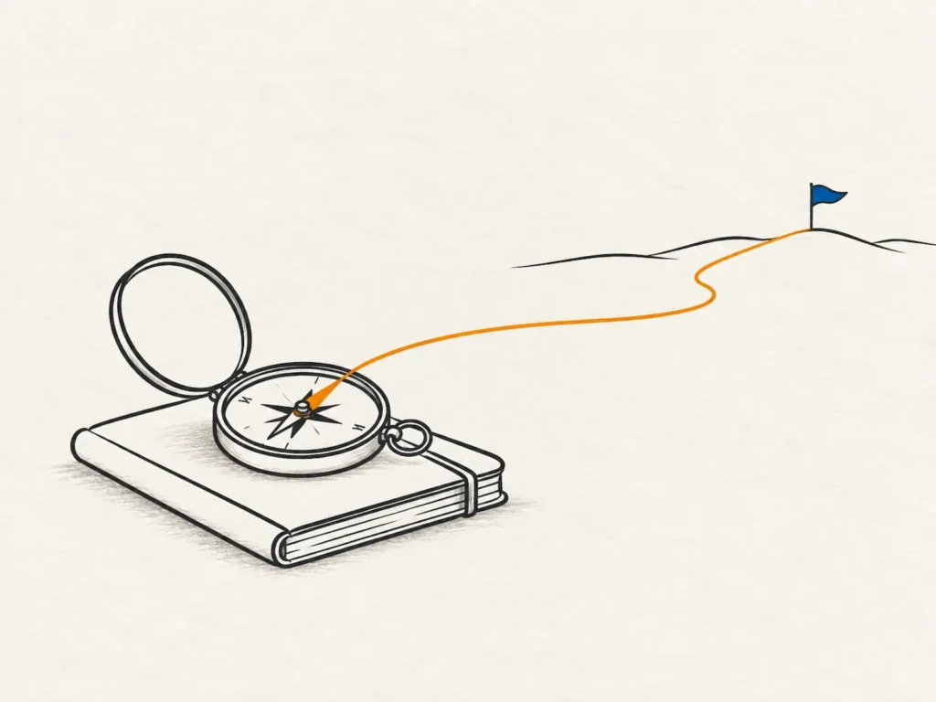 Illustration : une boussole posée sur un carnet pointe vers un drapeau planté sur une colline