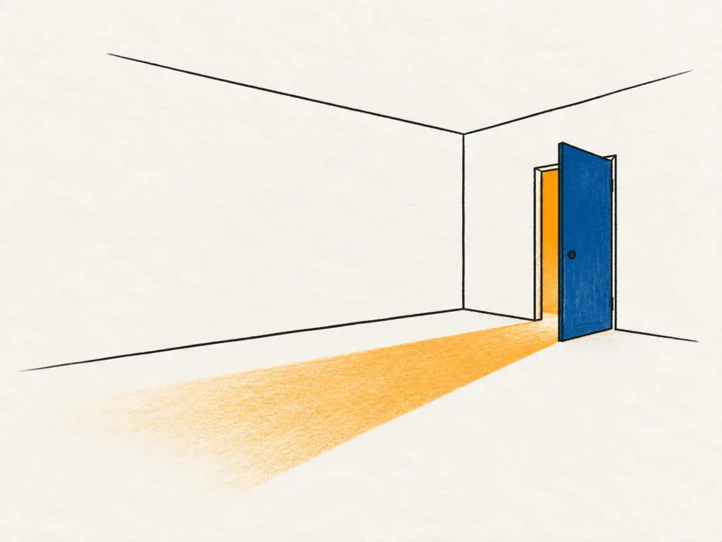 Illustration : une porte entrouverte, dans le coin d'une pièce vide, laisse passer un faisceau de lumière orange