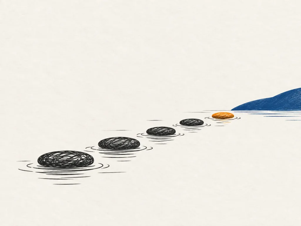 Illustration : un chemin de pierres posées sur l'eau mène vers l'autre rive, la dernière pierre en orange