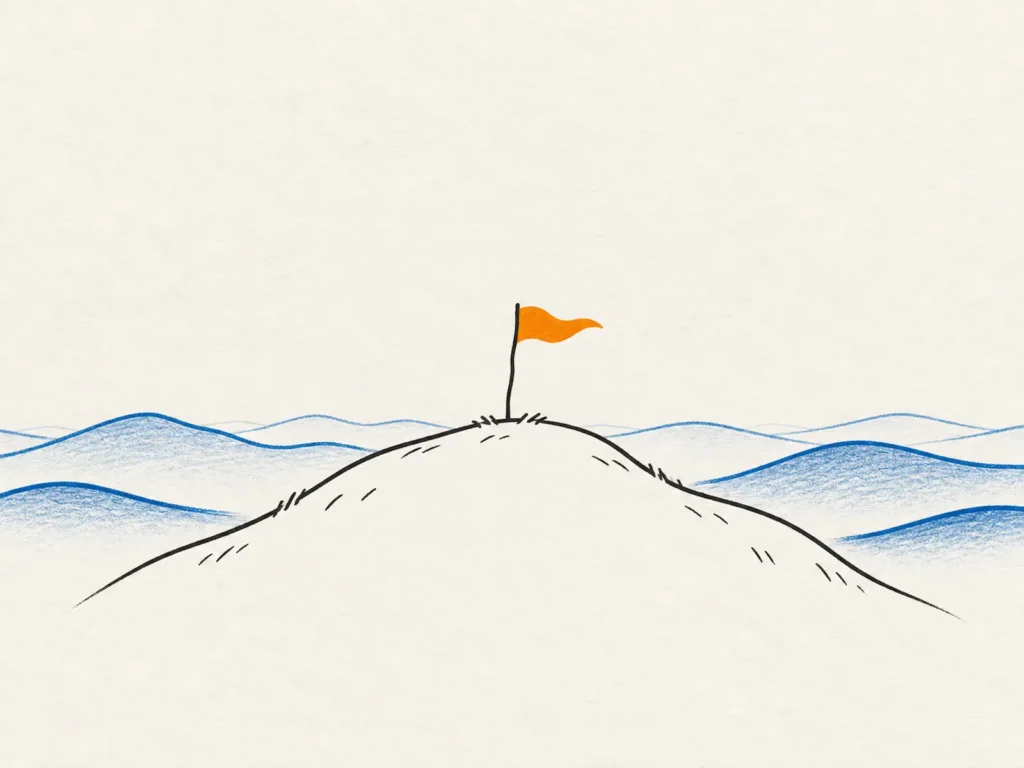 Illustration : un drapeau orange flotte au sommet d'une colline, face à une vue dégagée