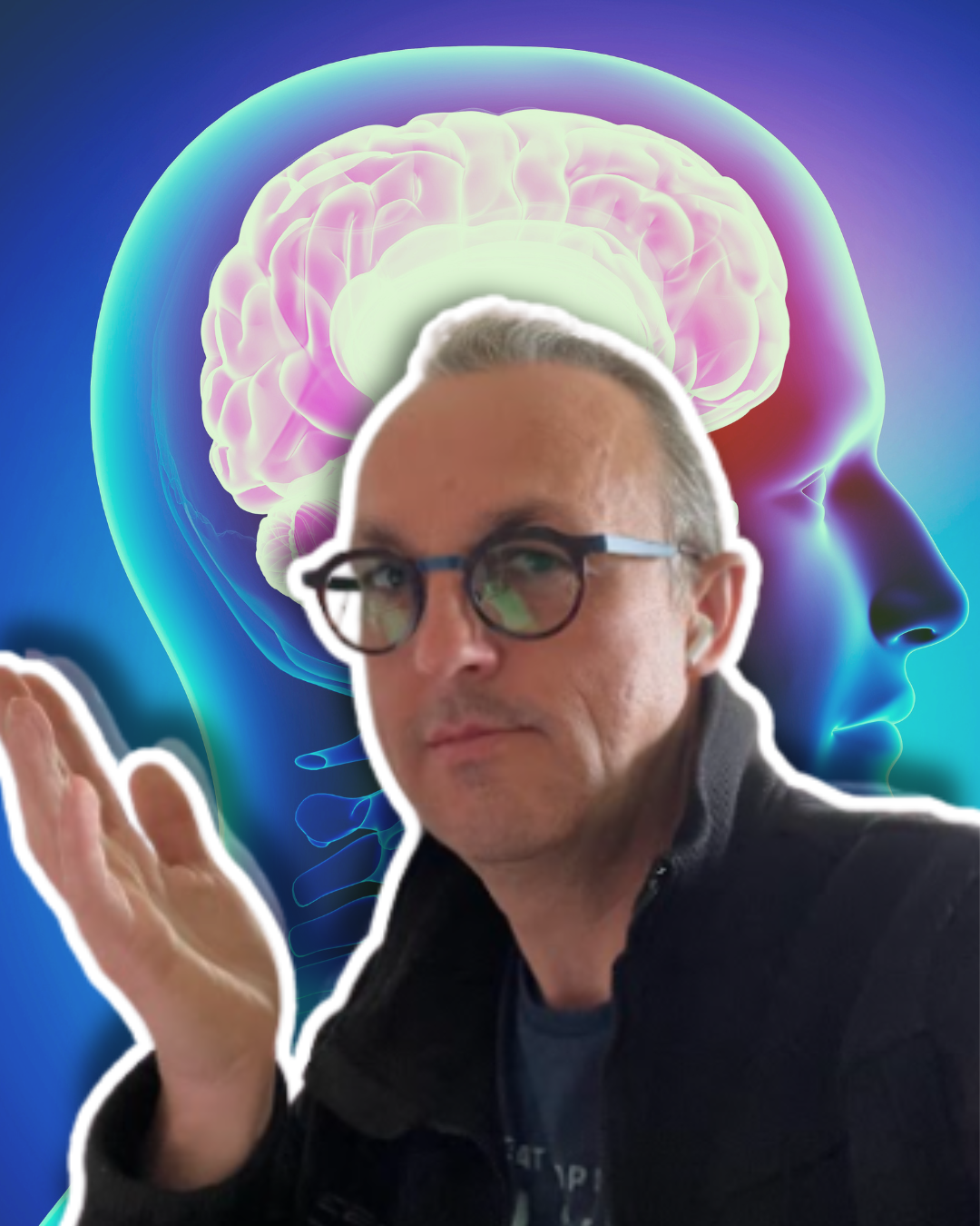 Nicolas Van Caemerbeke, la main levée, l'air perplexe, devant l'illustration d'un cerveau dans une tête.
