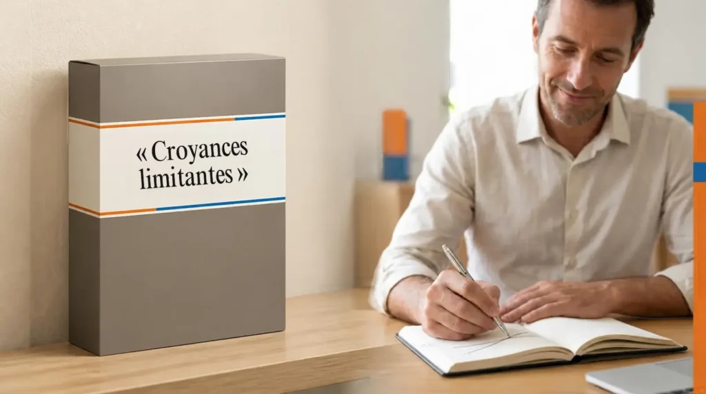 Coffret de la formation Croyances limitantes, à côté d'un homme souriant qui écrit dans un carnet