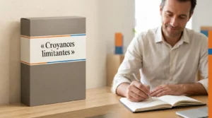 Coffret de la formation Croyances limitantes, à côté d'un homme souriant qui écrit dans un carnet