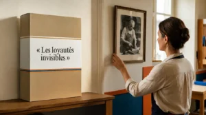 Coffret de la formation Les loyautés invisibles, à côté d'une femme qui regarde un portrait ancien accroché au mur