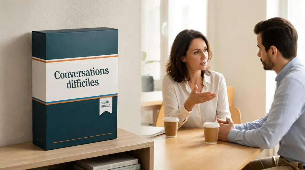 Coffret du guide gratuit Conversations difficiles, à côté d'une femme et d'un homme en pleine discussion autour d'une table