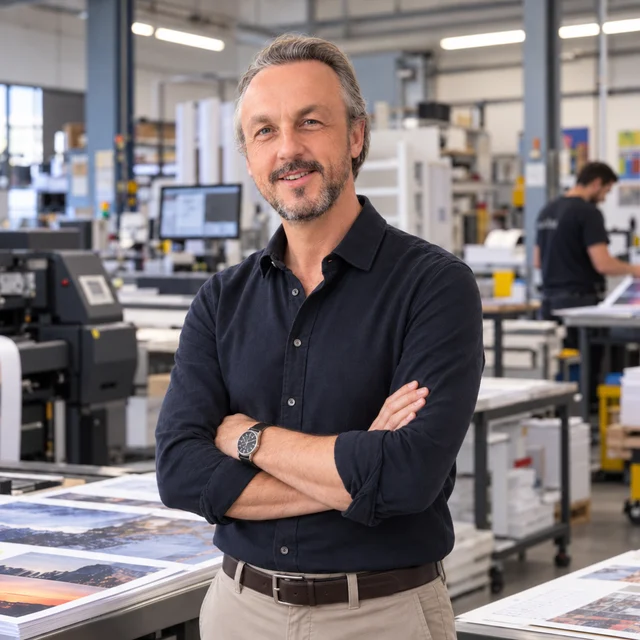 Nicolas Van Caemerbeke, bras croisés, dans l'atelier d'impression d'une entreprise