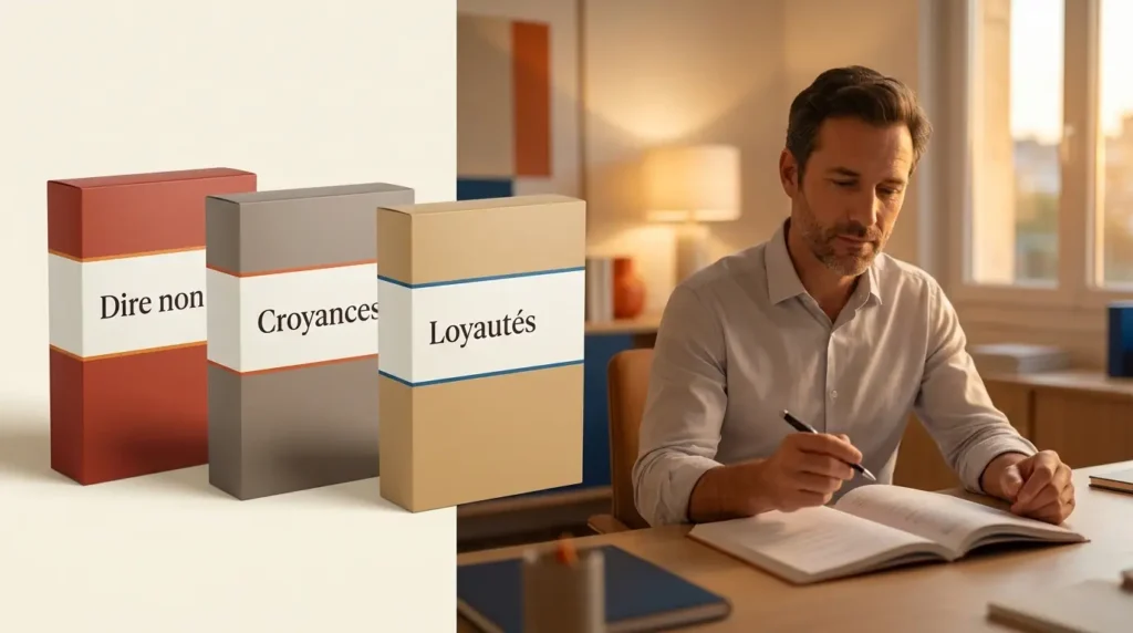 Visuel du parcours en autonomie : trois formations pour dirigeants réunies, et un dirigeant qui travaille à son bureau