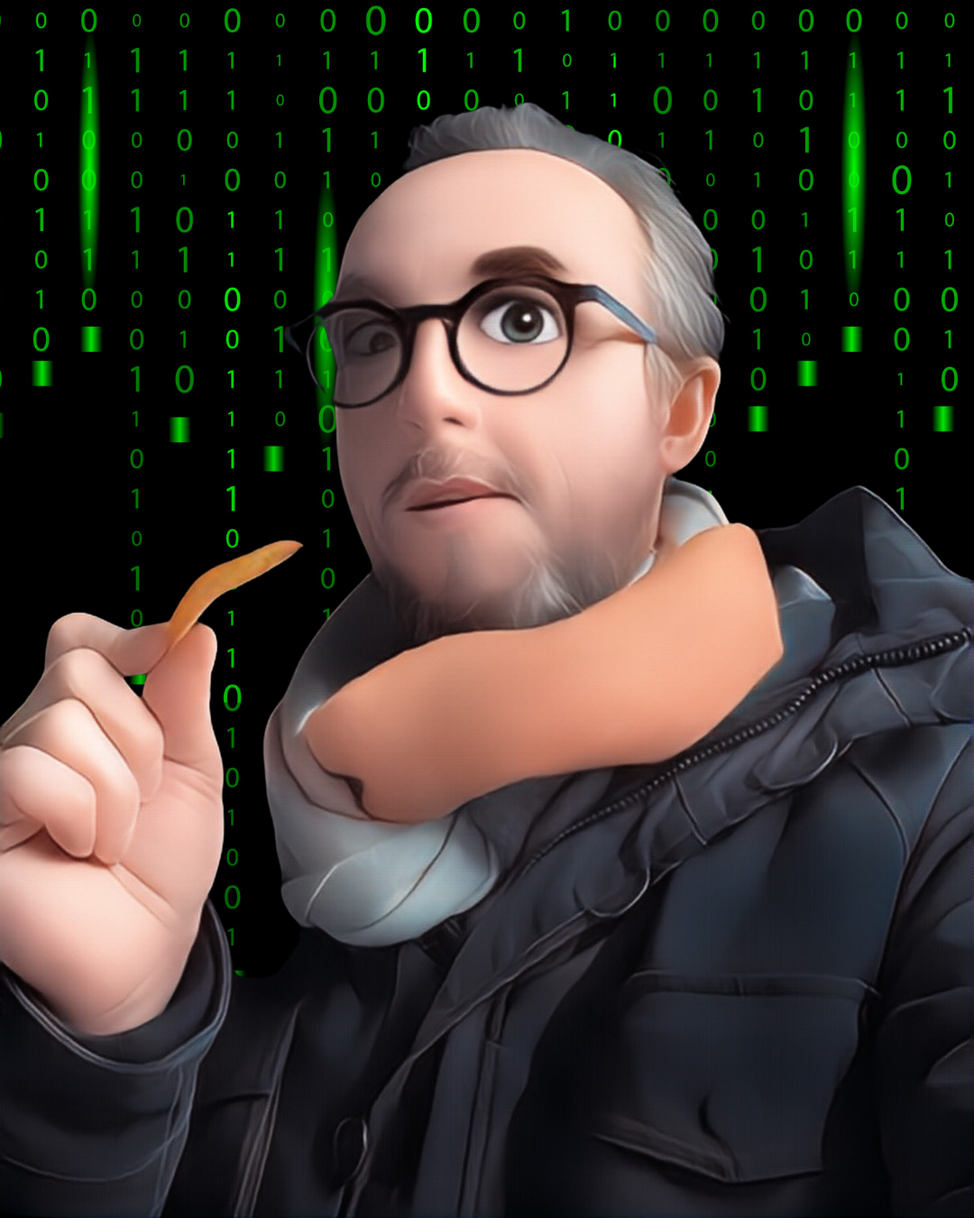 Nicolas Van Caemerbeke en version avatar dessiné, lunettes rondes et frite à la main, sur un fond de code vert façon Matrix.