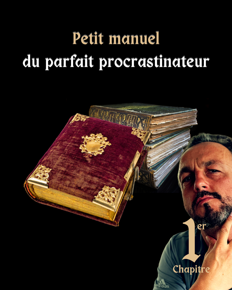 Nicolas Van Caemerbeke, pensif, la main au menton, à côté de vieux livres reliés, sous le titre « Petit manuel du parfait procrastinateur », 1er chapitre.