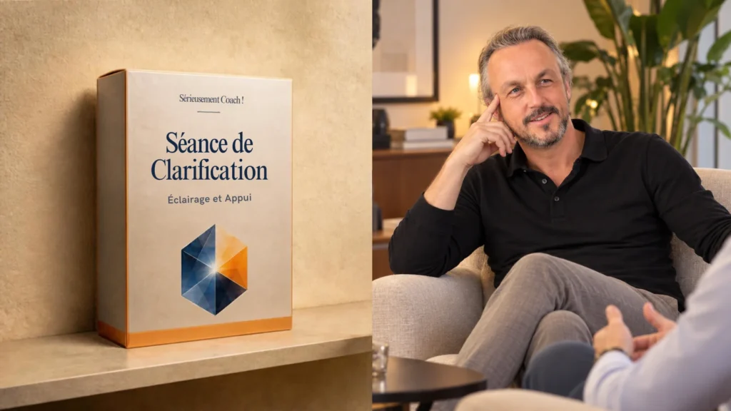Le coffret Séance de clarification, et Nicolas Van Caemerbeke en séance avec un dirigeant