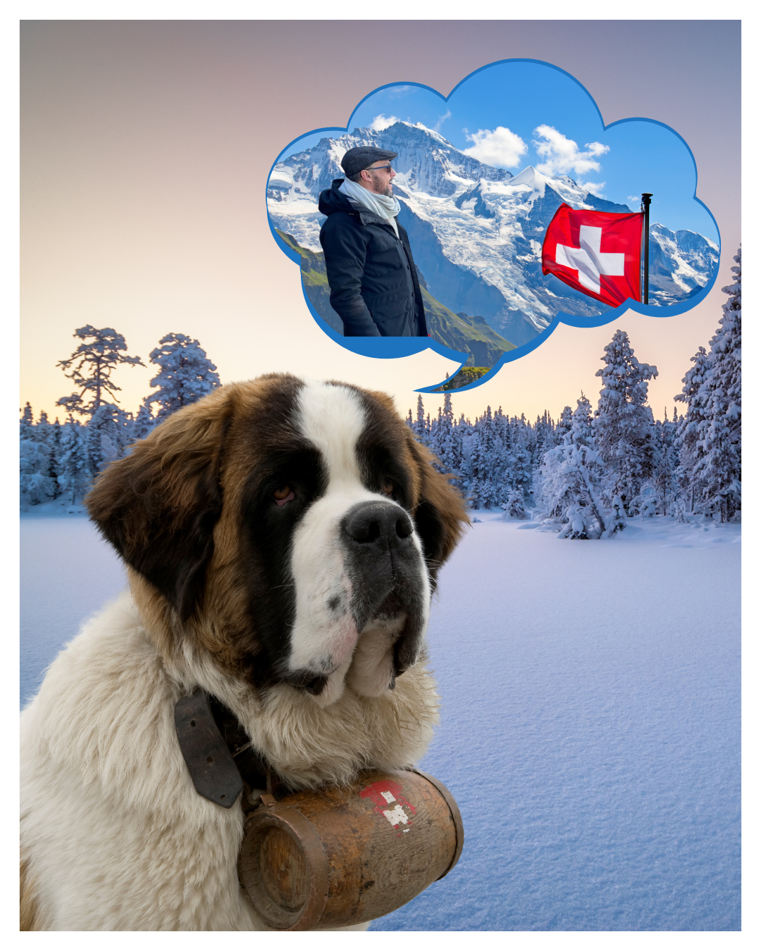 Un Saint-Bernard avec son tonneau dans la neige, qui rêve de Nicolas Van Caemerbeke face aux Alpes suisses
