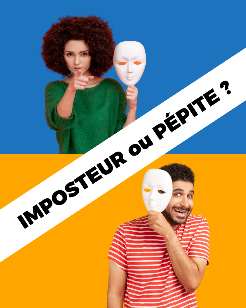 Une femme et un homme souriants tiennent chacun un masque blanc, de part et d'autre d'un bandeau « Imposteur ou pépite ? ».