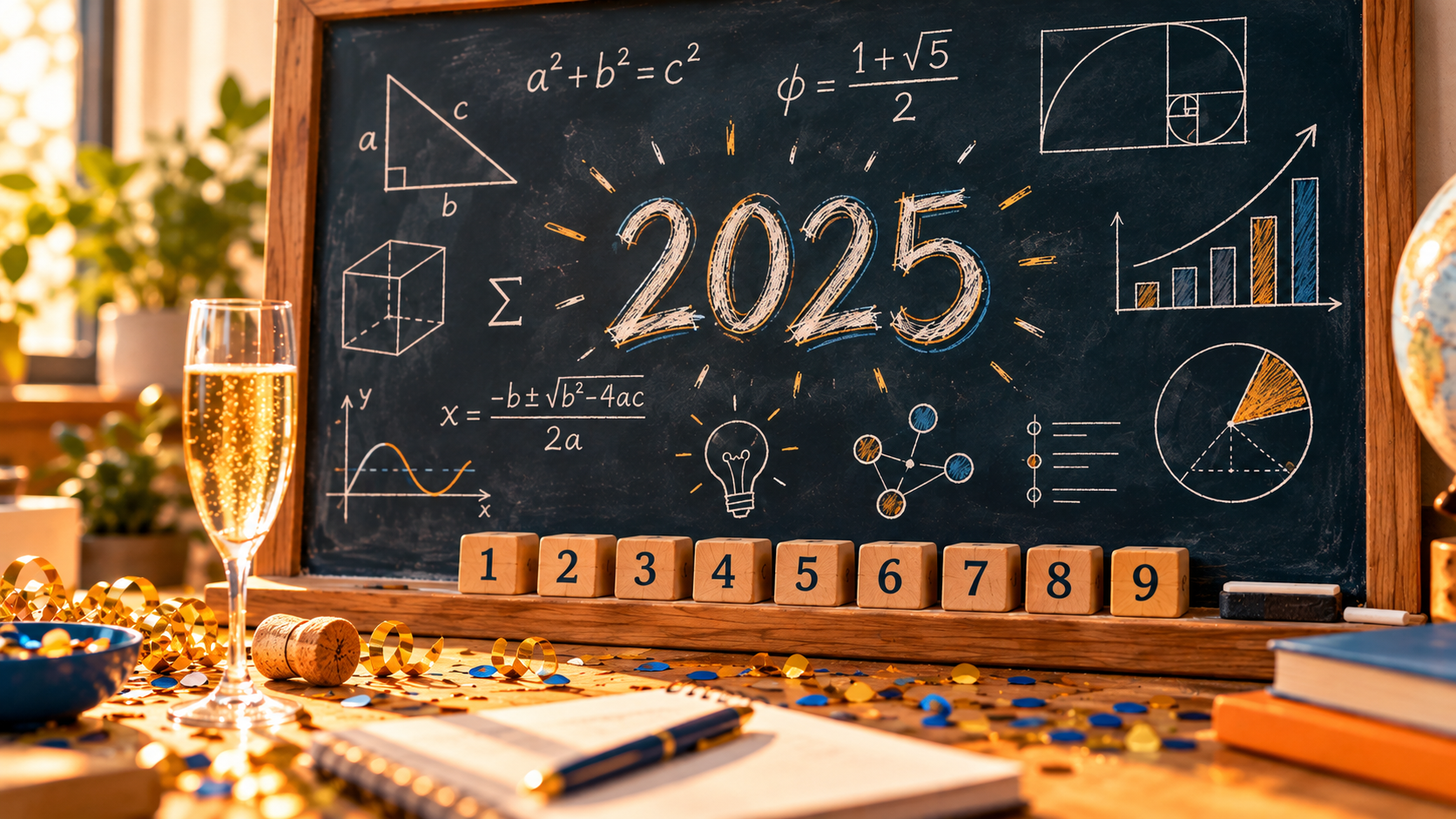 Un tableau noir couvert de formules mathématiques autour de « 2025 », au-dessus d'une rangée de cubes numérotés de 1 à 9 et d'une coupe de champagne.