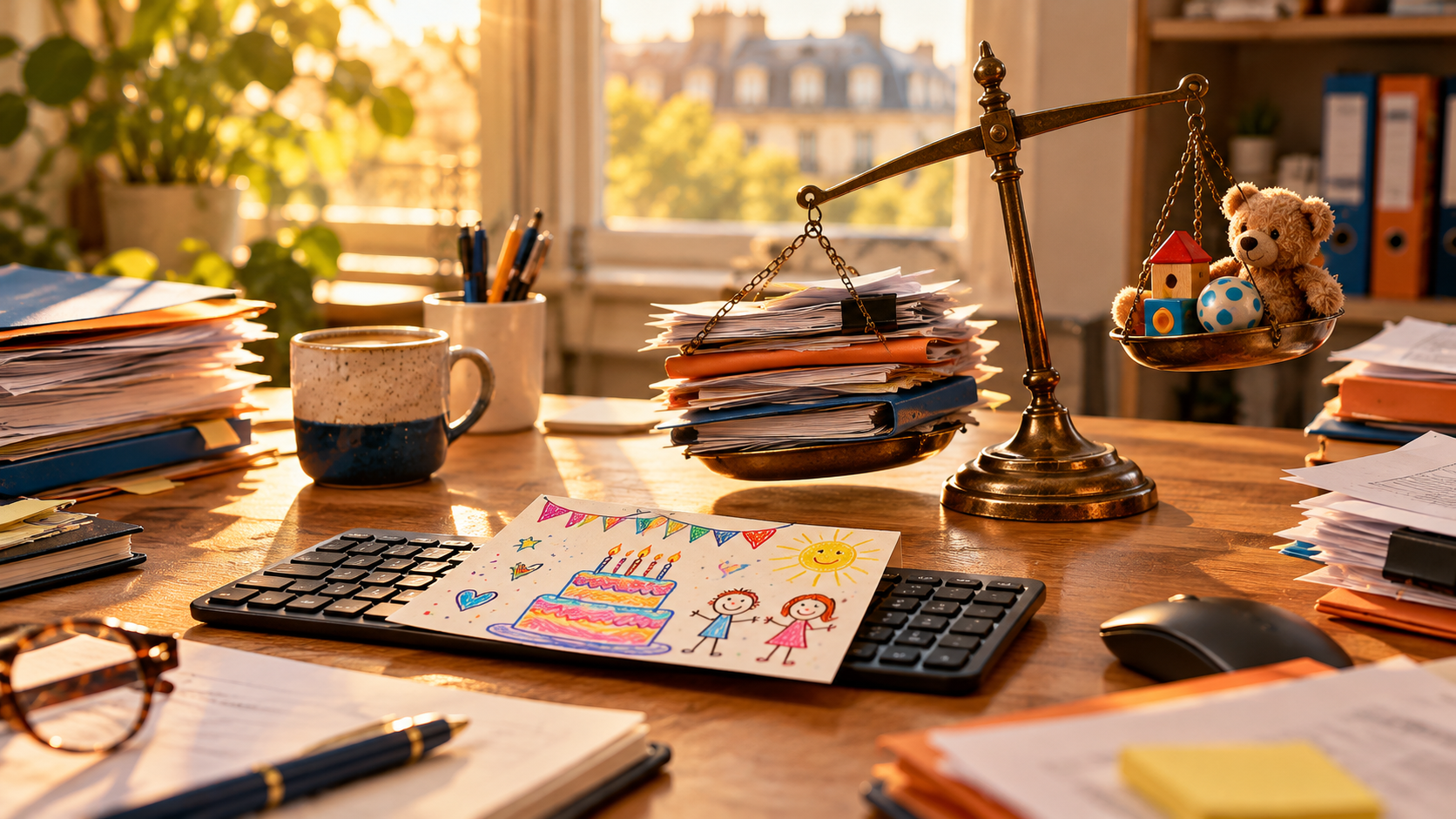 Une balance déséquilibrée sur un bureau encombré de dossiers, devant un dessin d'enfant posé sur le clavier.