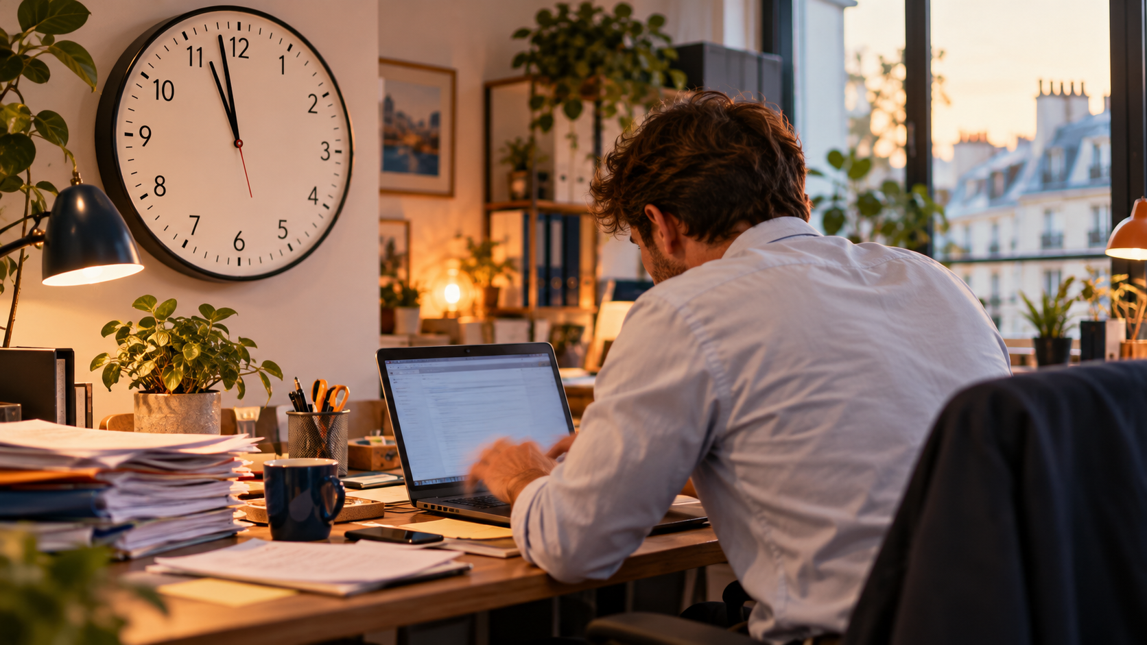Un homme travaille sur son ordinateur portable, entouré de piles de dossiers, sous une grande horloge murale.