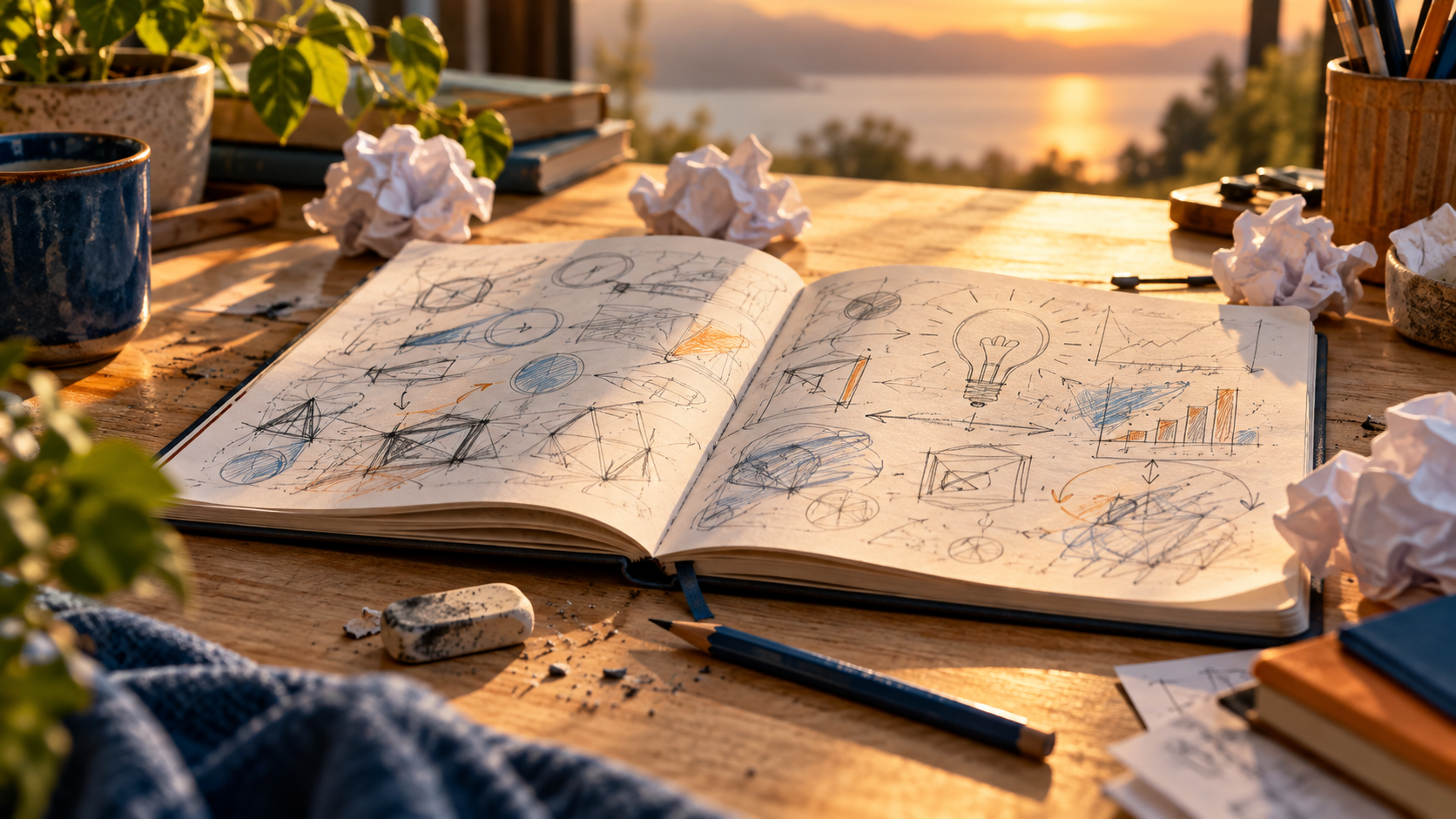 Un carnet ouvert rempli de croquis et de schémas, entouré de boulettes de papier froissé, face à un coucher de soleil.