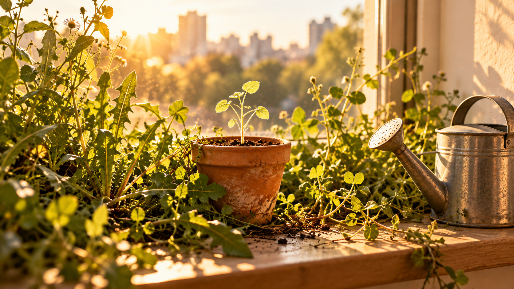 Des plantes vertes qui débordent de leurs pots sur un rebord de fenêtre baigné de soleil, à côté d'un arrosoir.