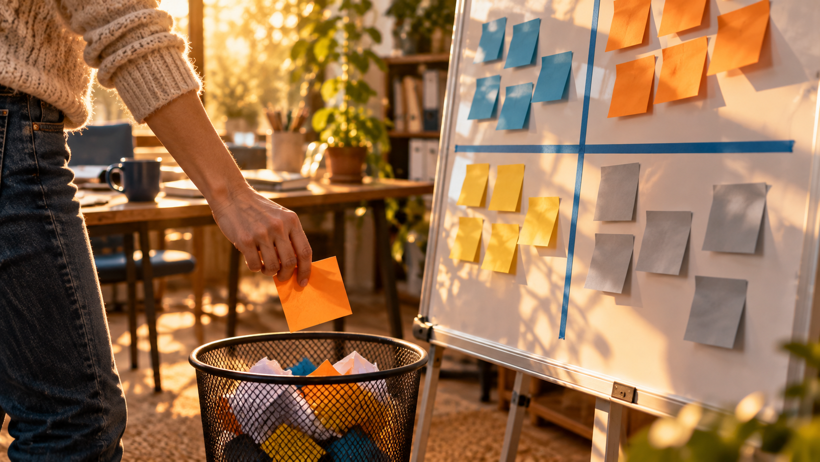 Une personne jette des notes autocollantes dans une corbeille, devant un tableau blanc divisé en quatre quadrants couverts de post-it.